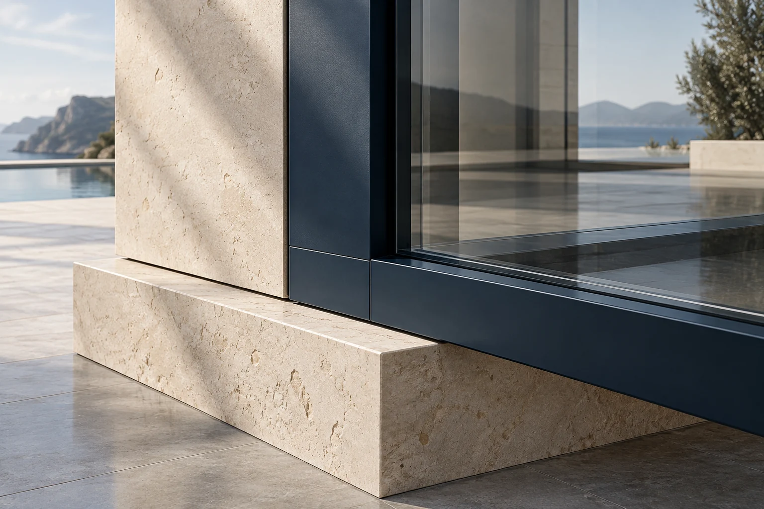Concept study of a precisely joined limestone, navy metal and glass corner.