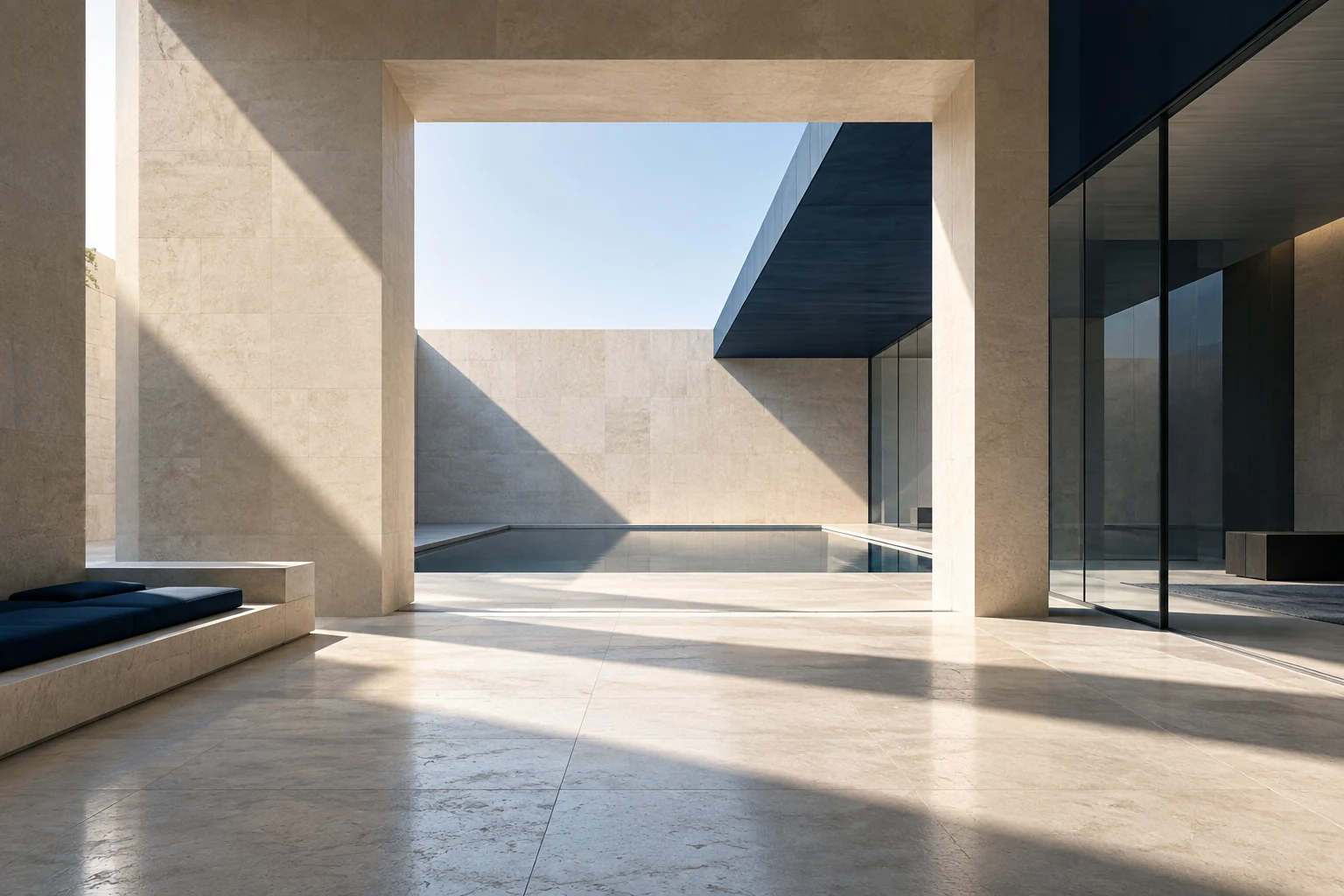 Concept study of a limestone pavilion with a navy canopy, glass and a quiet courtyard.