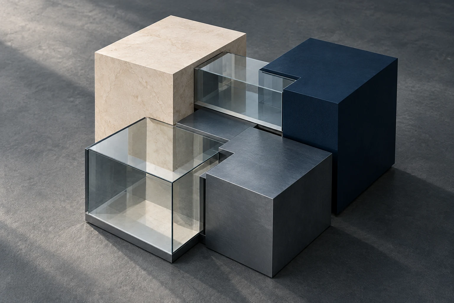 Concept study of connected stone, navy, metal and glass modules forming one system.