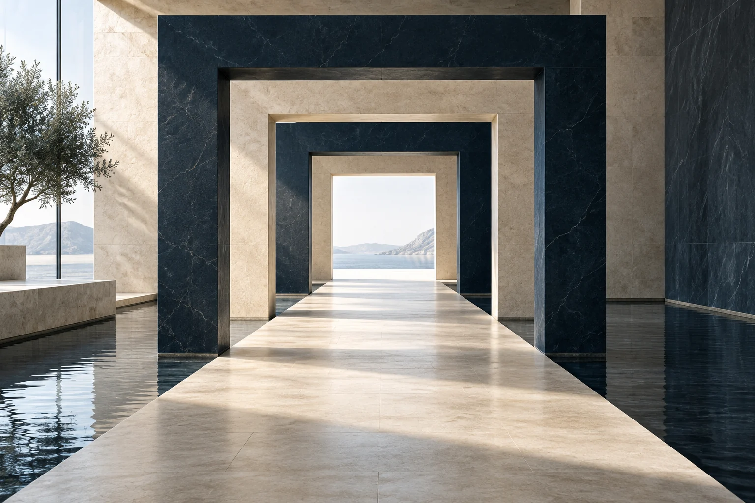 Concept study of aligned stone and navy portals framing a clear path.