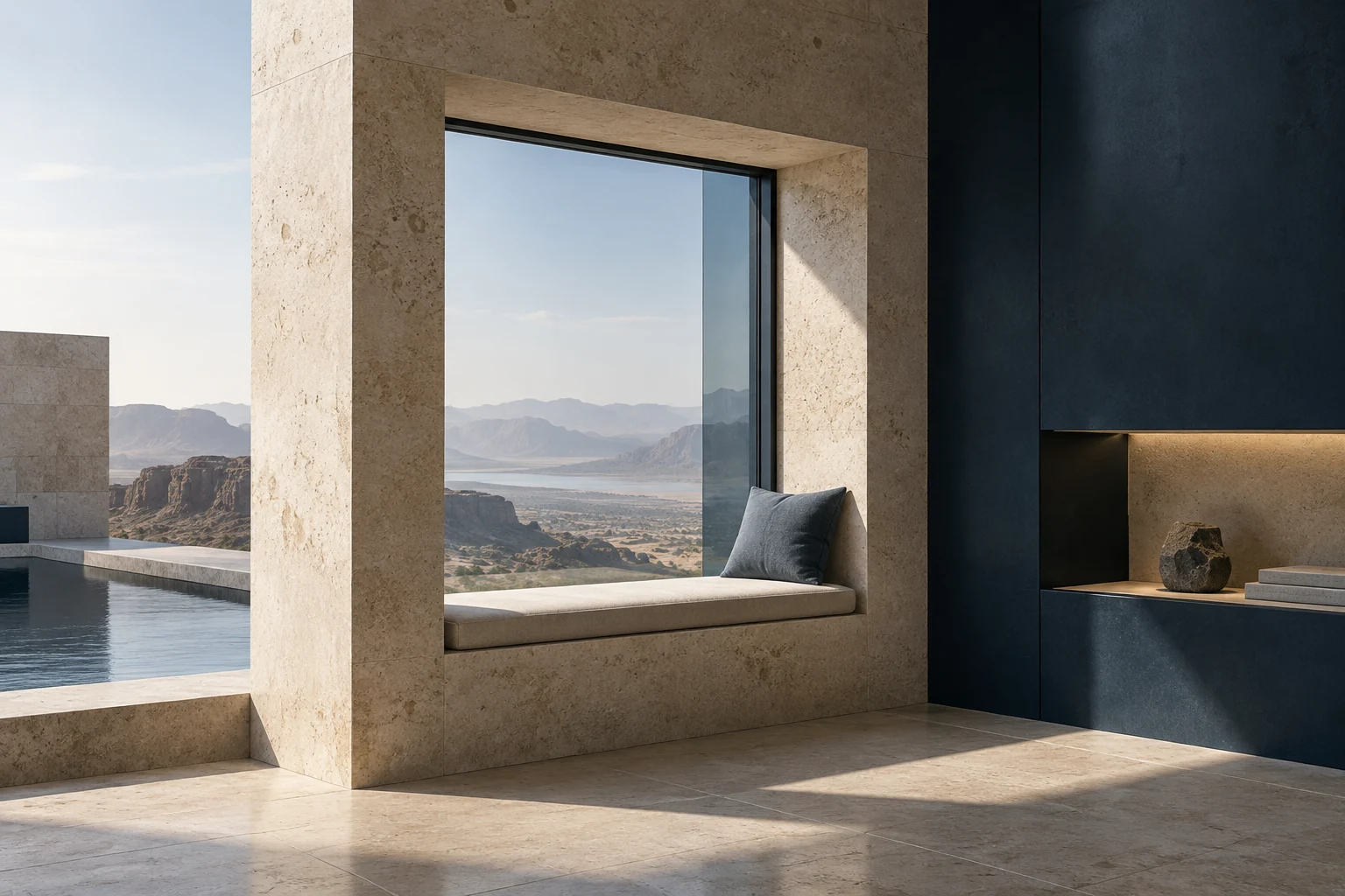 Concept study of a limestone window seat, navy wall and glass framing daylight.