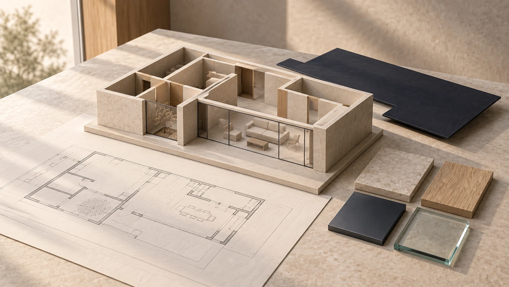 Concept study of an architectural scale model with plans and material samples.