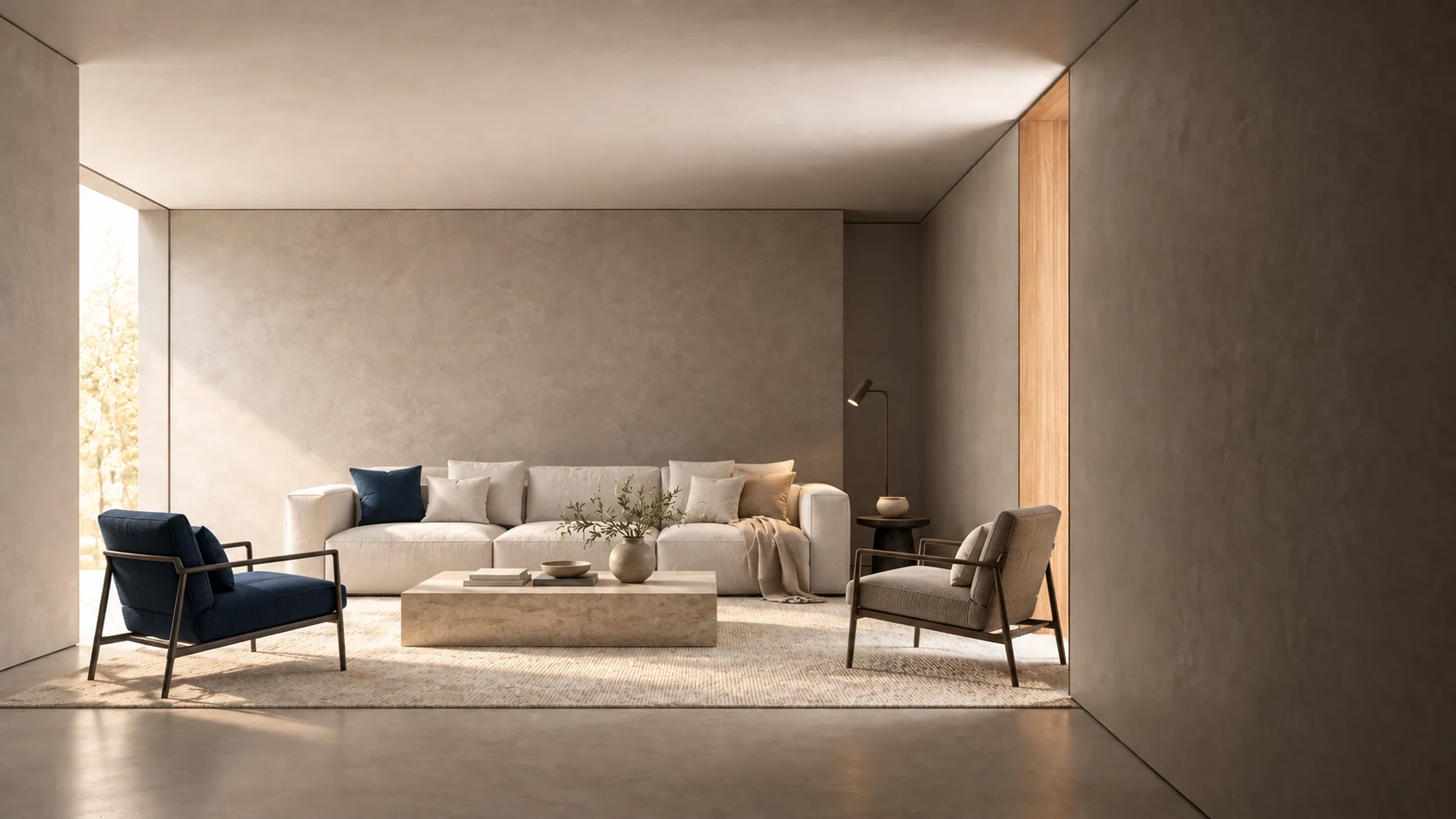 Concept study of the architecture film’s final room furnished with a sofa, lounge chairs and a stone table.