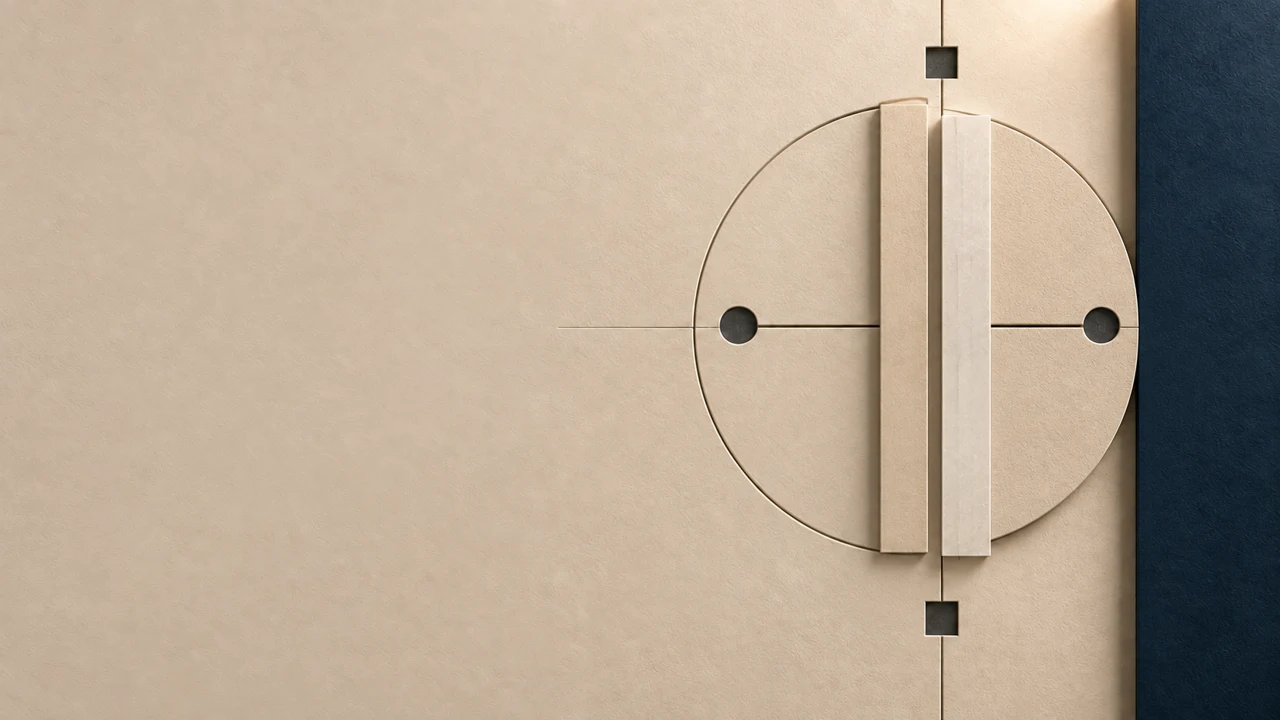 Circles, lines and geometric forms arranged in a warm mineral relief.