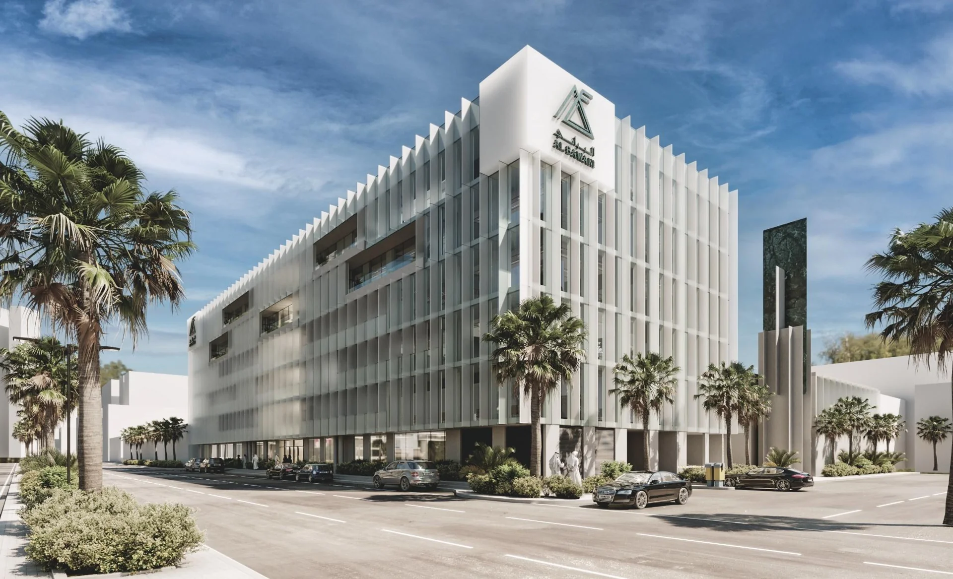 Head office visualisation with vertical facade fins and palm trees along the street.