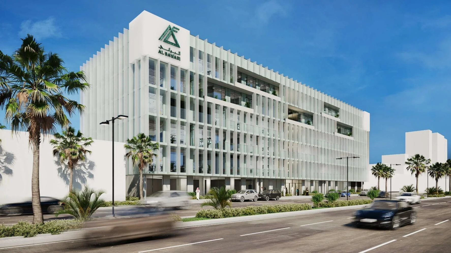Corner perspective showing the rhythm of vertical fins across the head office facade.