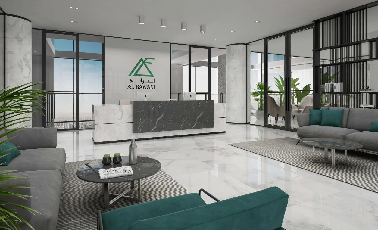 Reception visualisation with pale stone finishes and green upholstered seating.