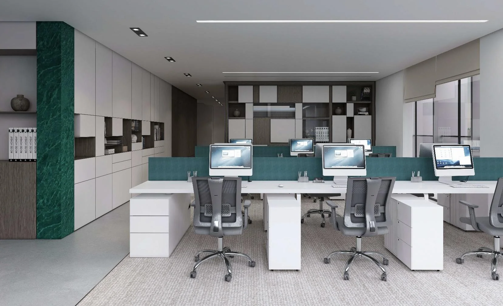 Shared desk area with glazed partitions and green accent columns.