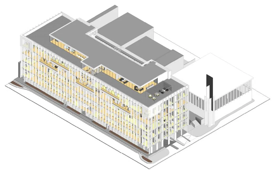 Axonometric building model showing the facade and roof arrangement.