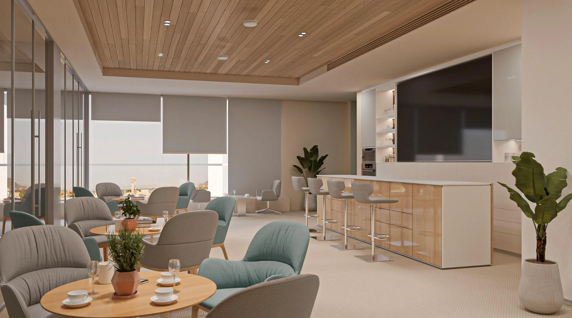 Reception seating with muted green chairs and a timber ceiling.