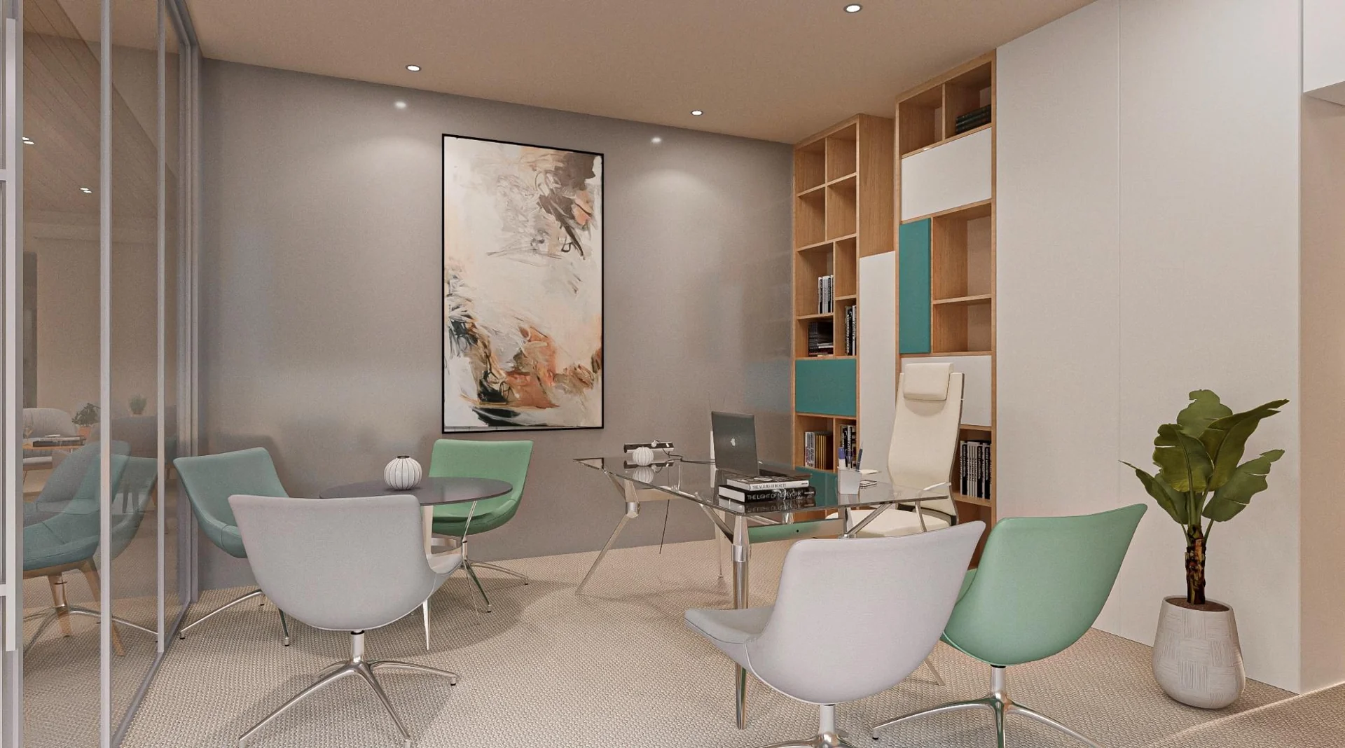 Meeting room with glazed partitions and a round table.