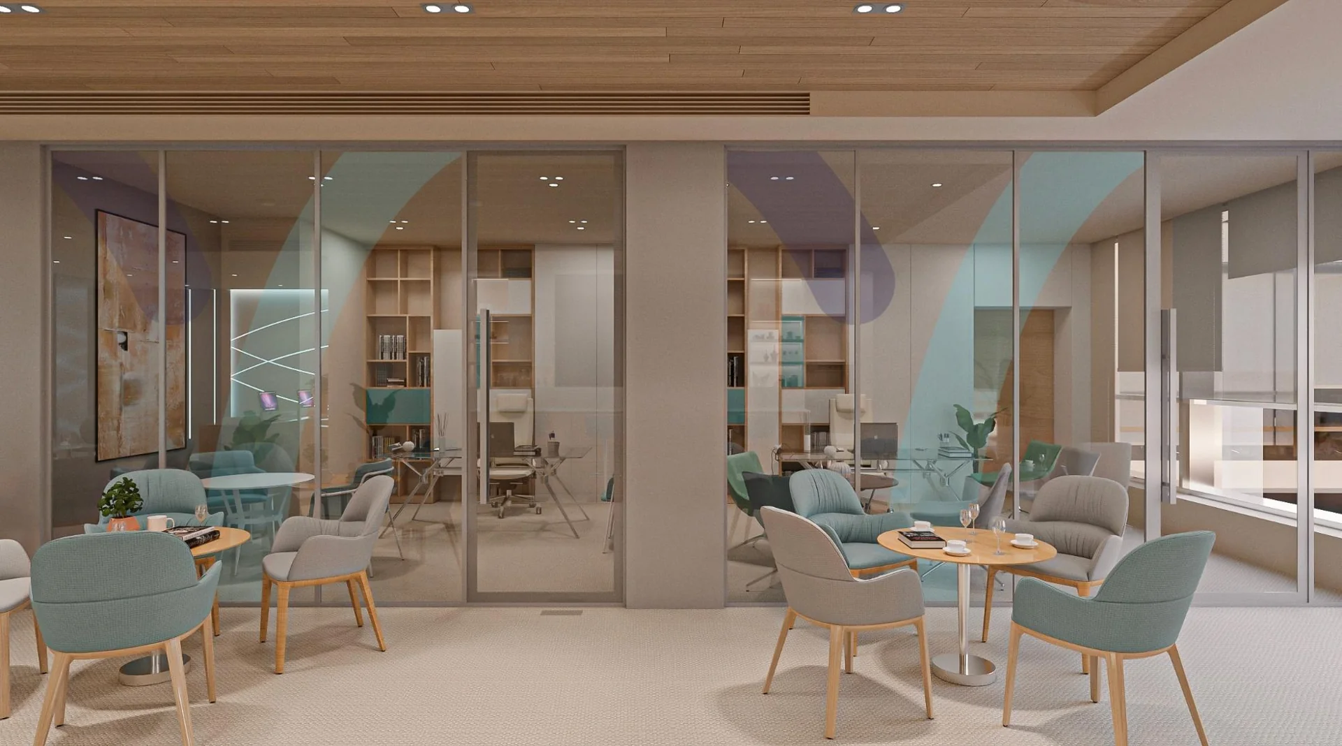 Informal seating between glazed workspaces.