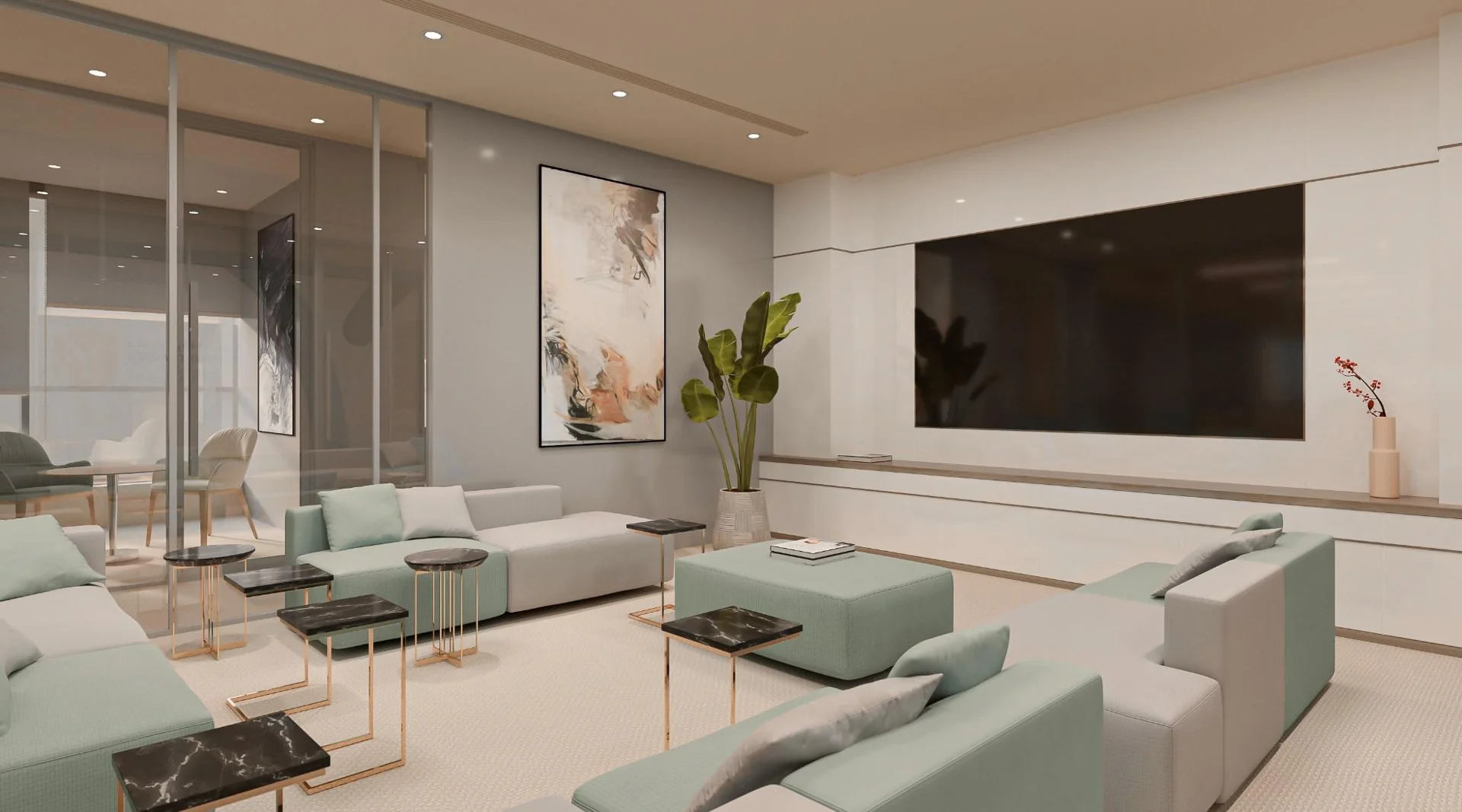 Lounge seating arranged around low tables beside glazed partitions.