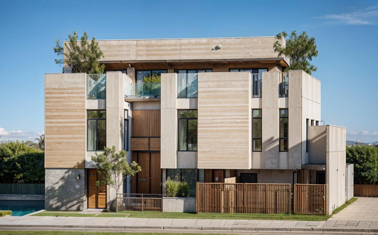 Building facade study with pale stone volumes and tall glazing.