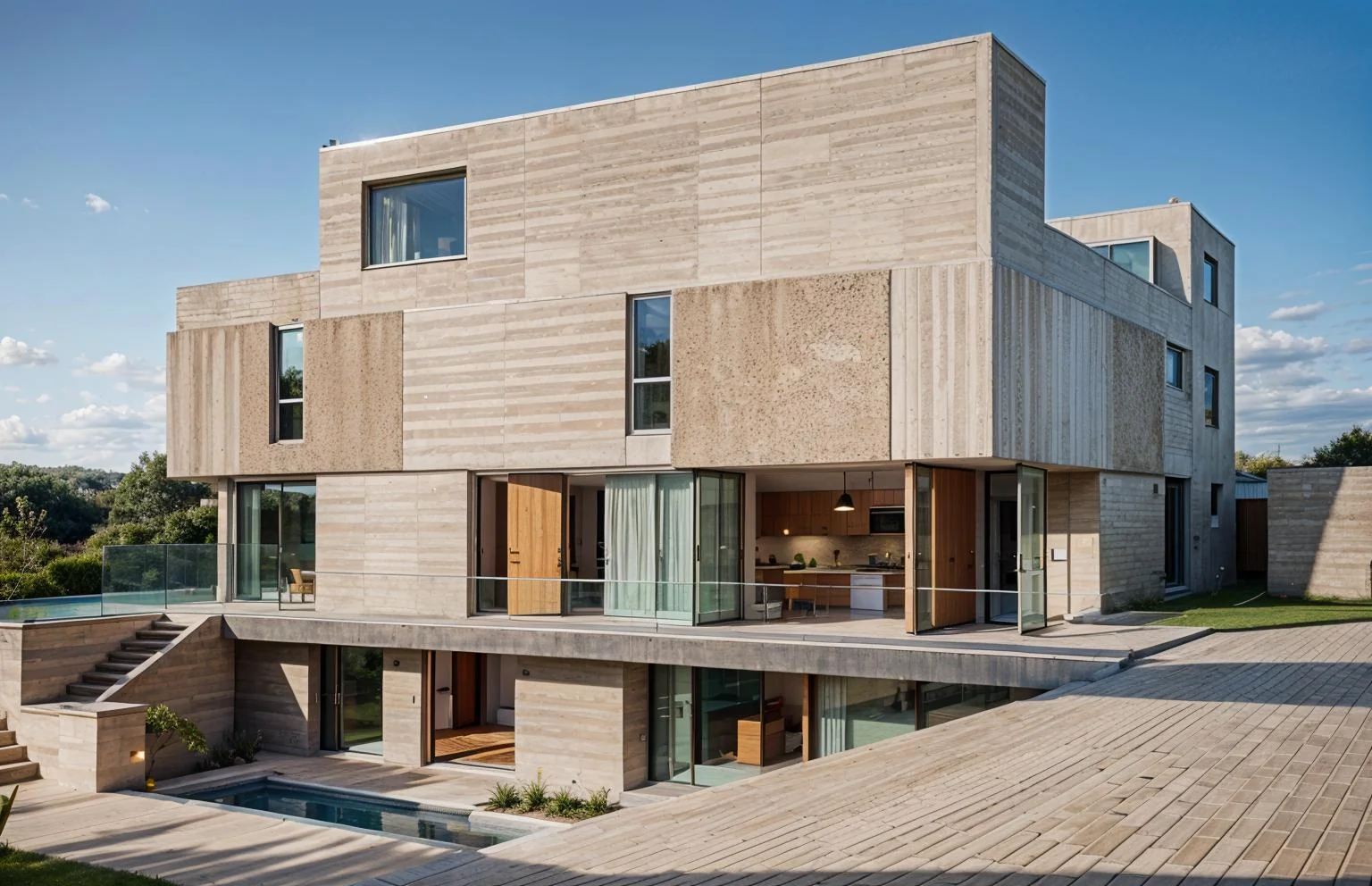 Perspective of a stepped building with deep openings and a paved frontage.