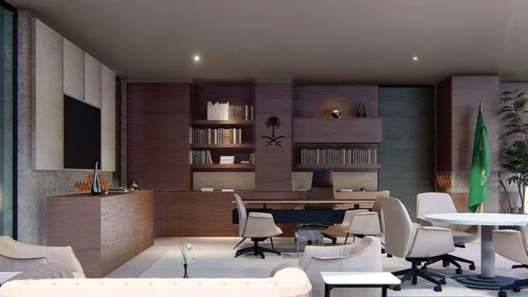 Office visualisation with timber storage, a desk and a small meeting area.
