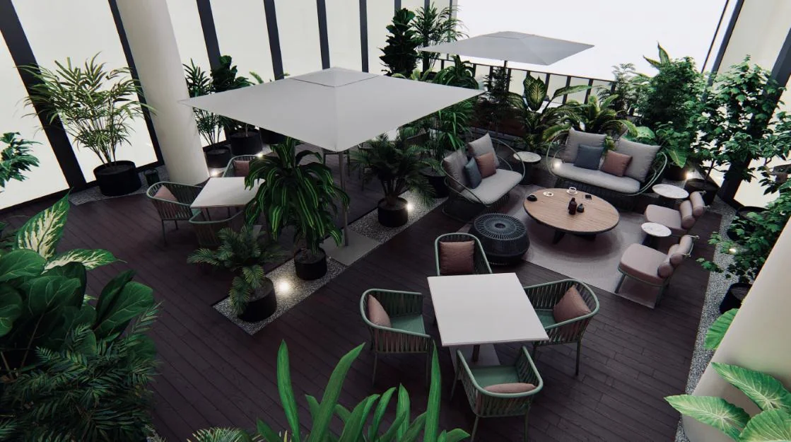 Elevated visualisation of an outdoor seating area with planted boundaries.