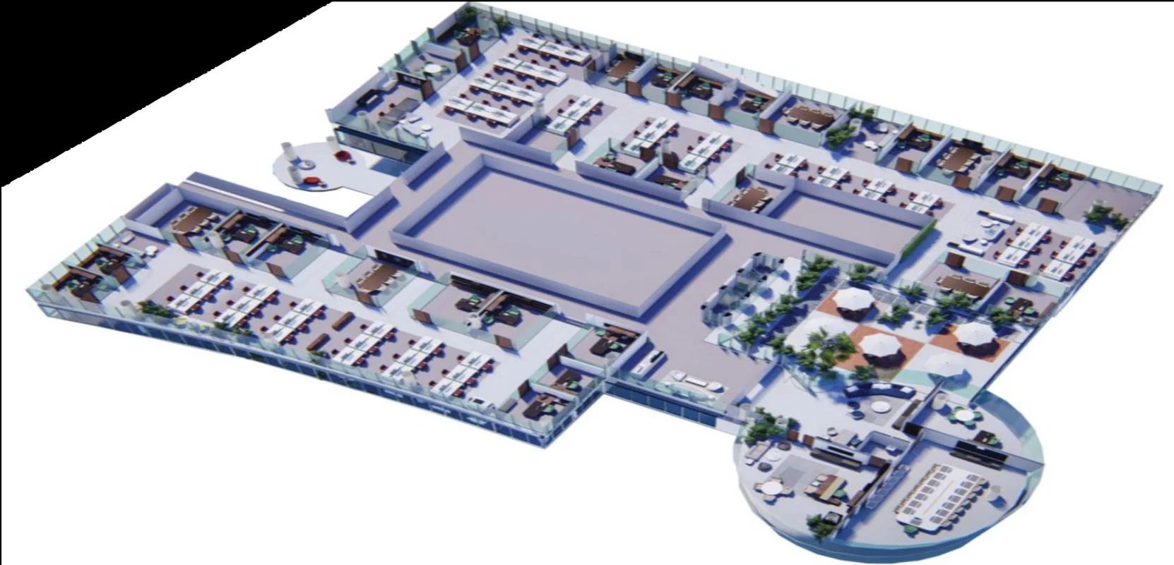 Axonometric drawing showing the arrangement of offices and shared spaces.
