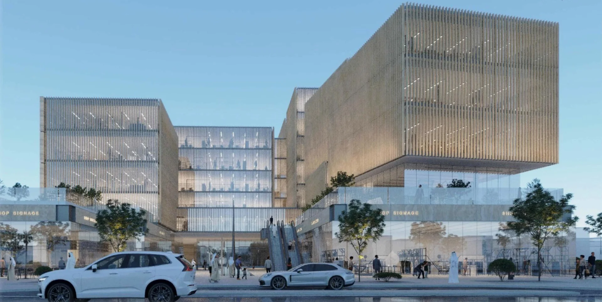 Multi-use building visualisation with large screened volumes and a glazed connecting facade.