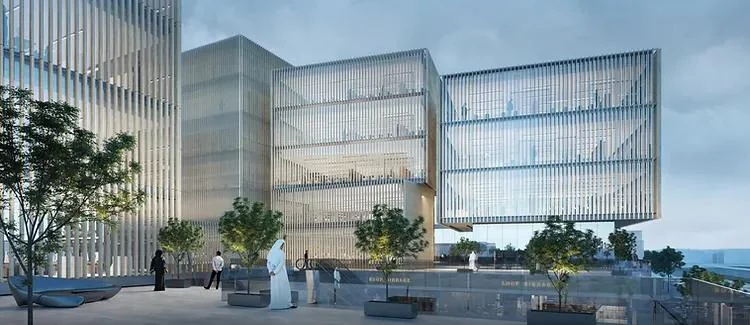 Ground-level perspective of the glazed building and public frontage.