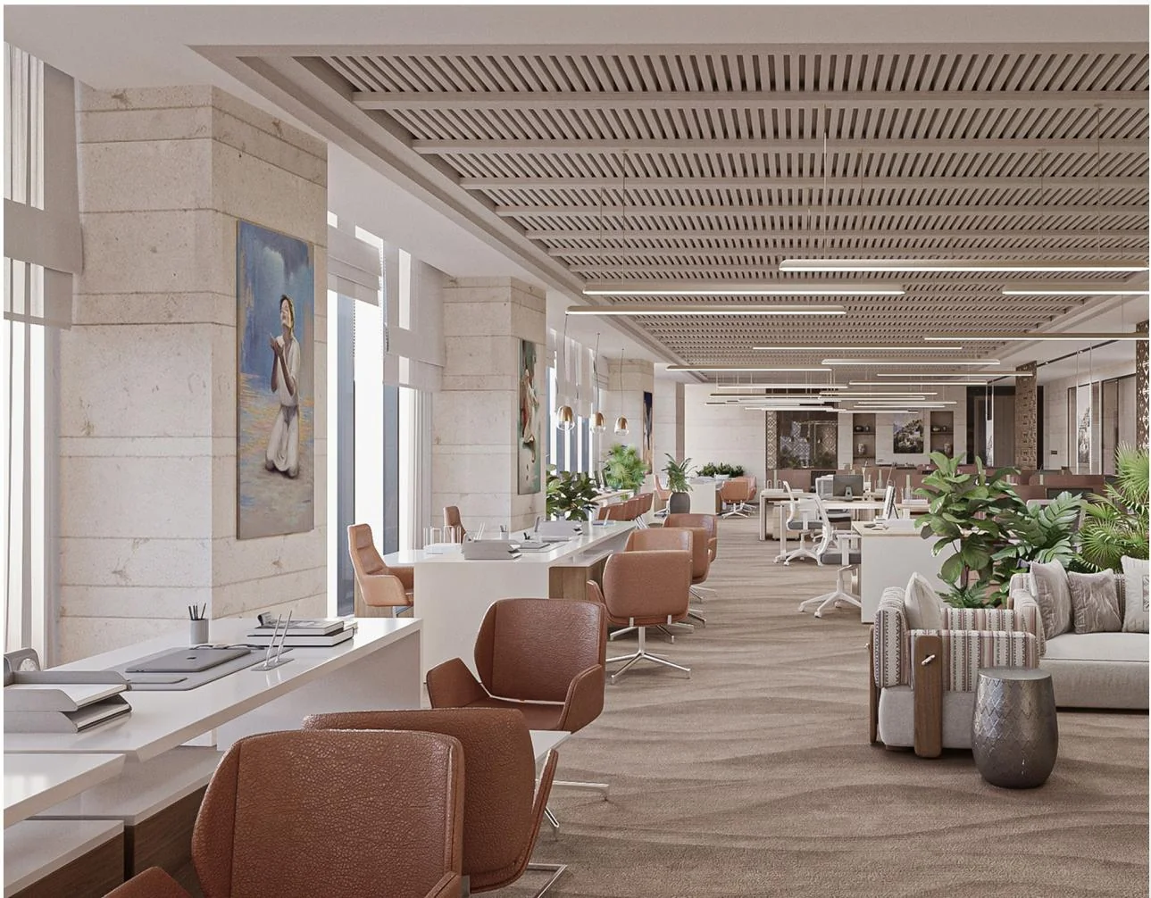 Long shared workspace with desks, planting and timber ceiling elements.