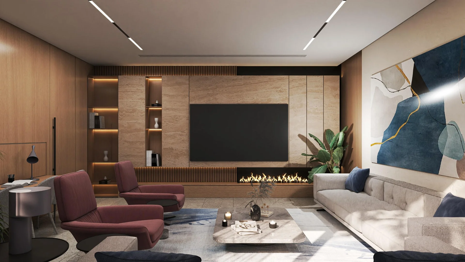 Alternative view of the lounge with a fireplace and low tables.