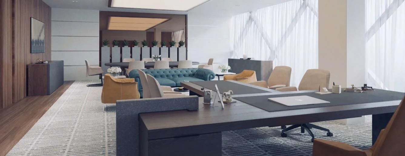 Meeting table in a bright interior with timber walls and adjoining seating.