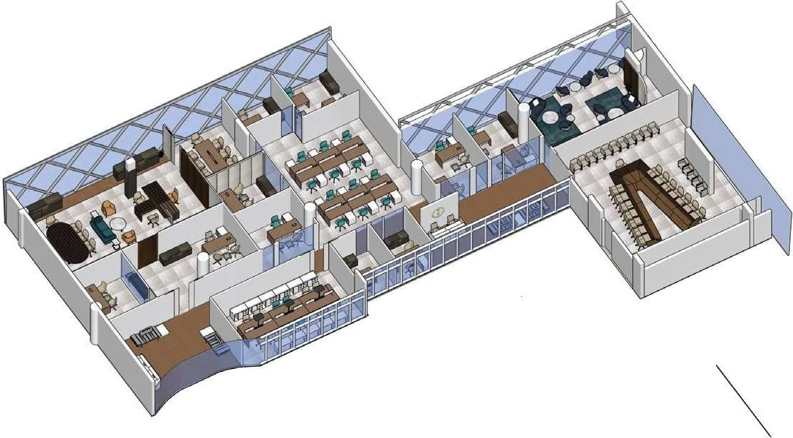 Axonometric drawing of the office layout and internal room arrangement.