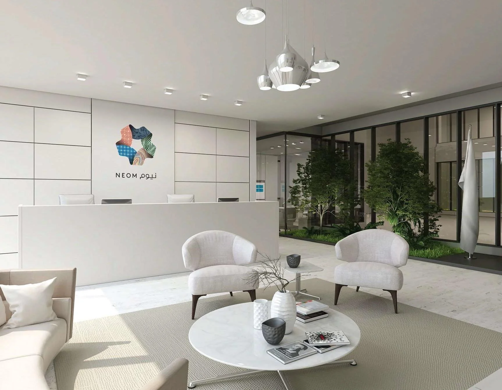 Reception visualisation with white seating and the NEOM identity on the wall.