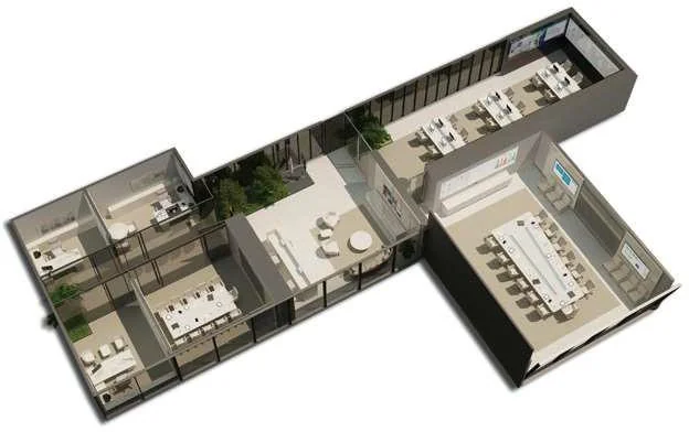 Axonometric drawing of the reception, meeting room and connecting spaces.
