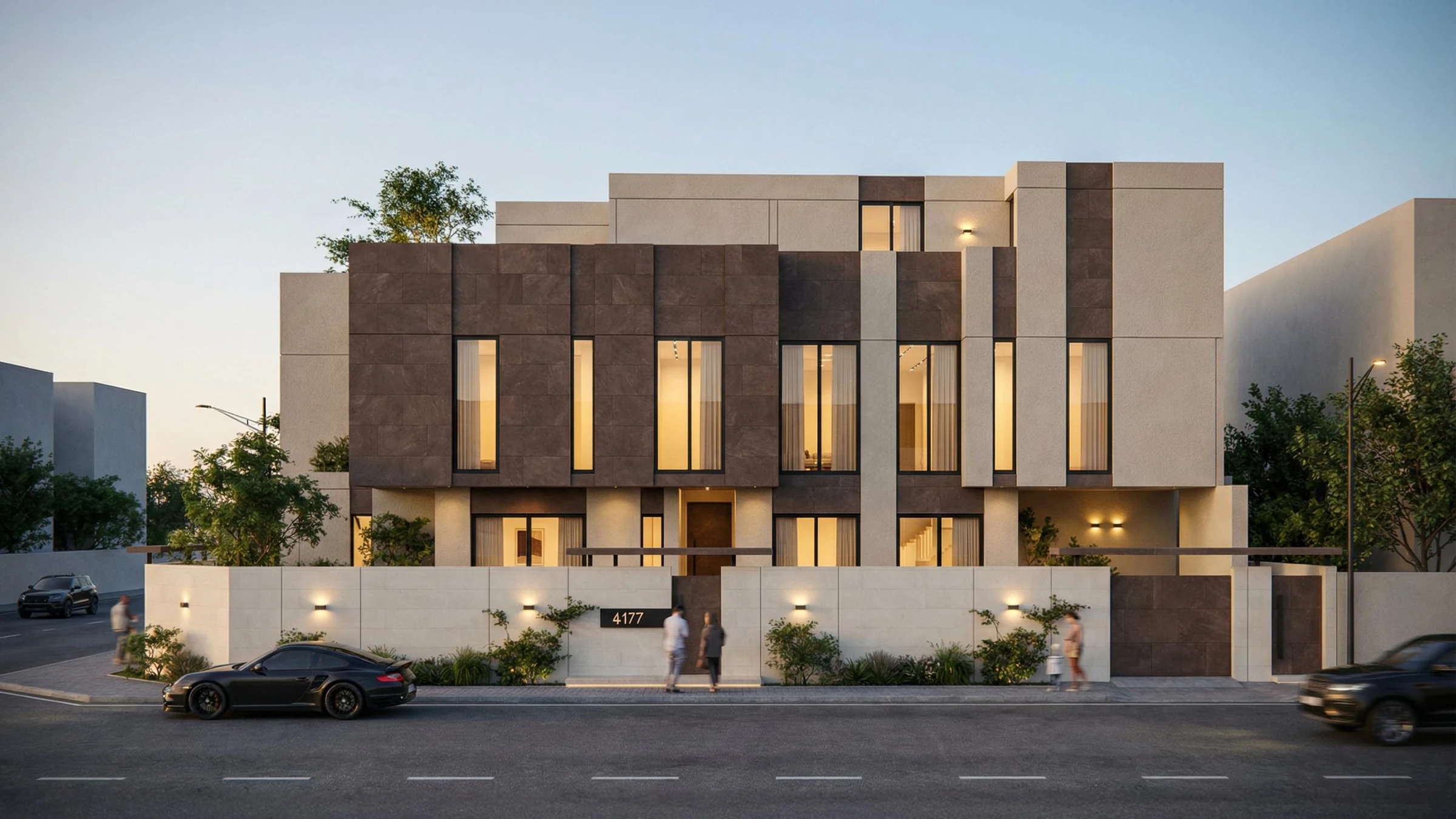Street-facing villa visualisation with dark cladding, pale walls and tall windows.