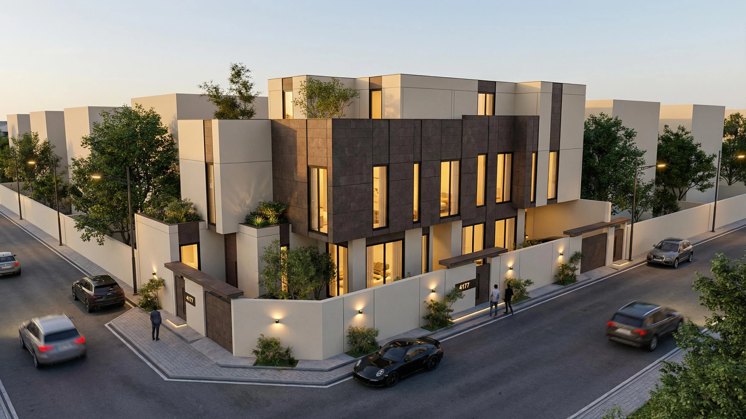 Elevated view of the villa, boundary walls and surrounding streets.