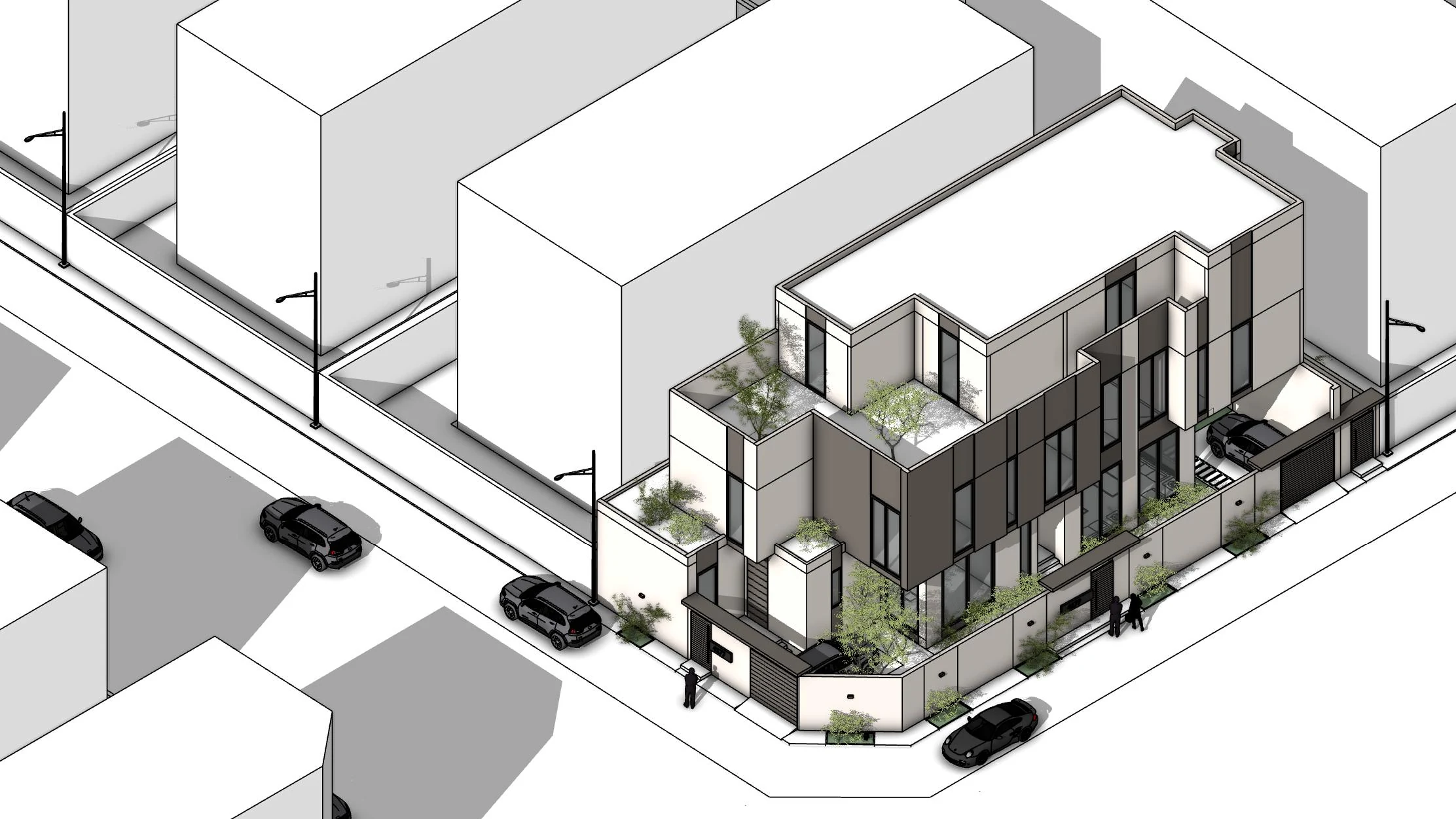 Axonometric study of the villa volumes, terraces and street setting.