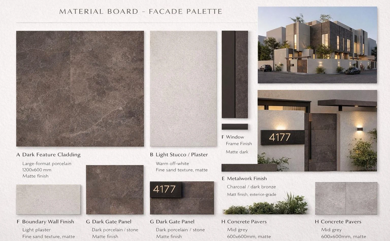 Material board showing dark cladding, light plaster and facade details.