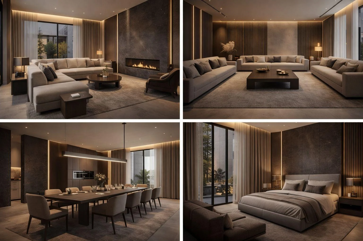 Interior concept board with living rooms, a dining room and a bedroom.
