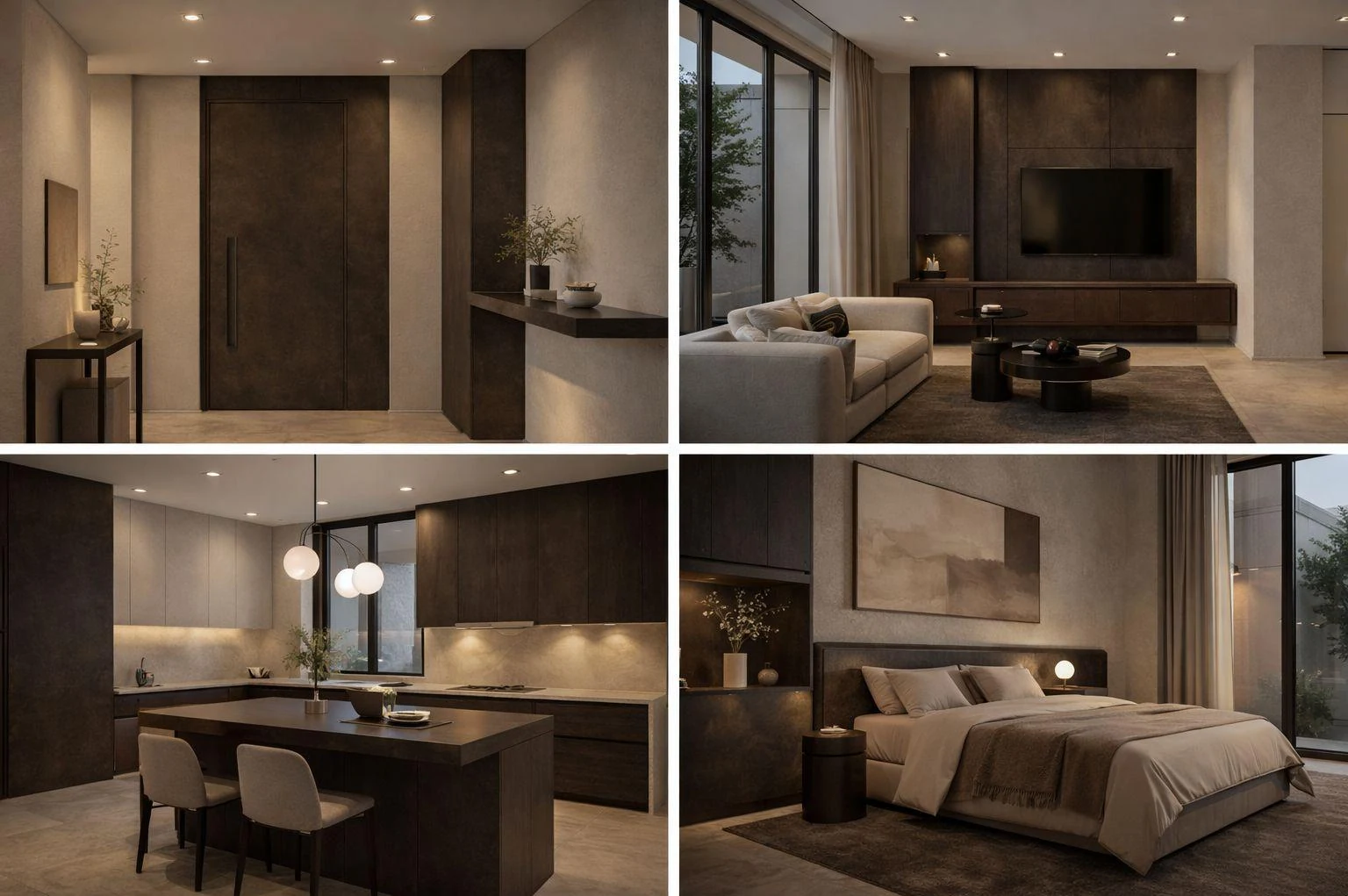 Interior concept board with stone finishes, timber joinery and warm lighting.