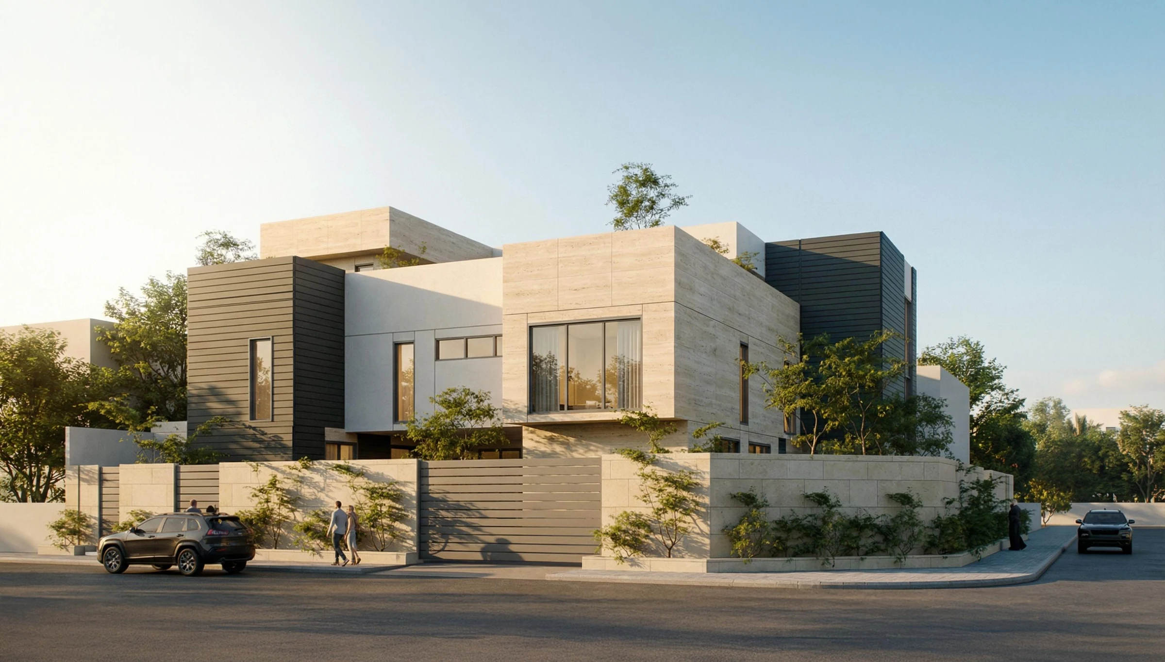 Villa exterior visualisation with pale stone, dark vertical panels and planting.