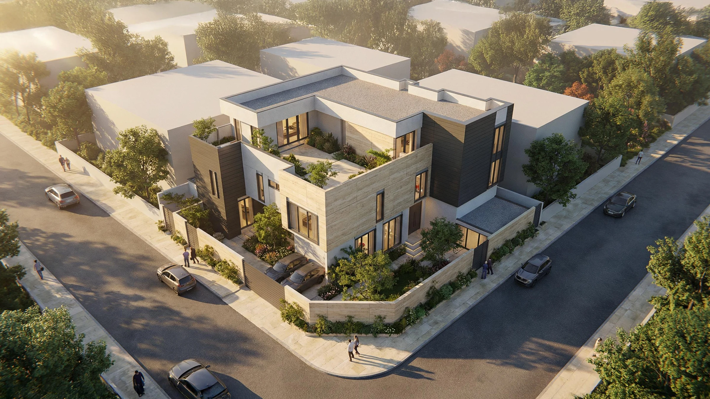 Aerial visualisation of the villa with terraces and landscaped edges.