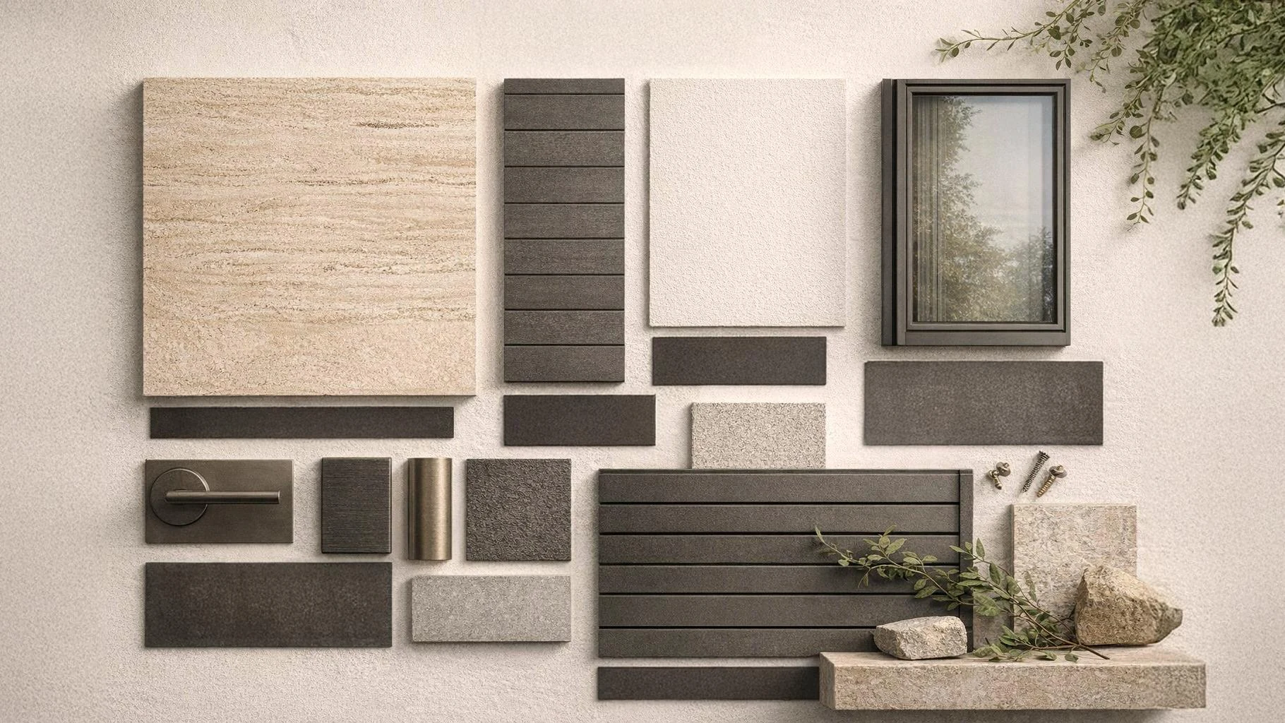Material palette combining pale stone, charcoal finishes, timber and planting.