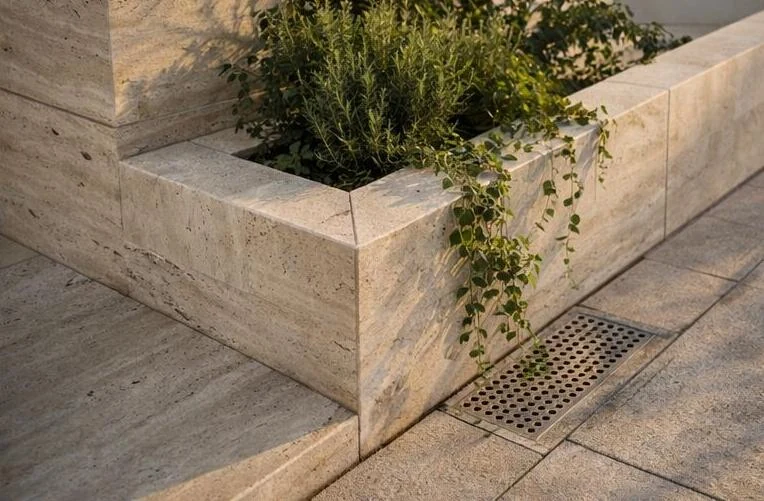 Window, stone cladding and planting detail from the villa design.