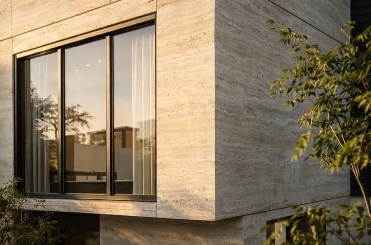 Stone planter and layered planting beside the villa facade.