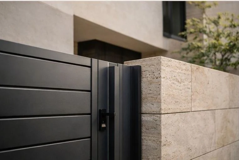 Villa entrance design with stone walls, planting and recessed lighting.