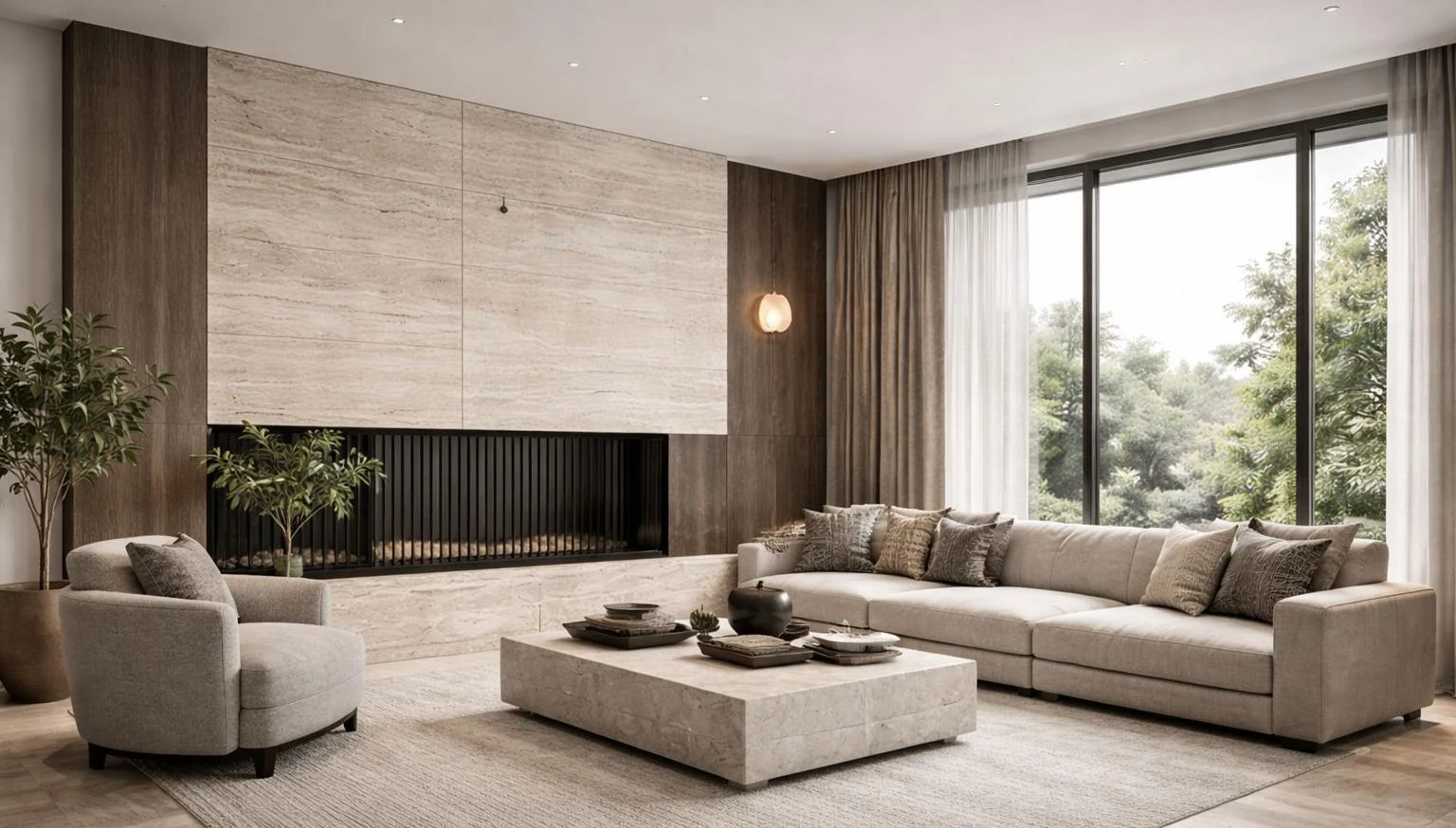 Living-room visualisation with pale seating, a stone fireplace and full-height windows.