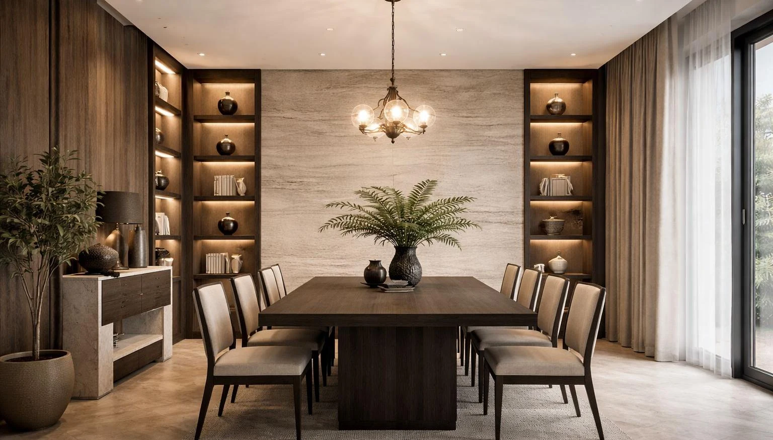 Dining-room visualisation with a timber table, illuminated shelving and stone wall.