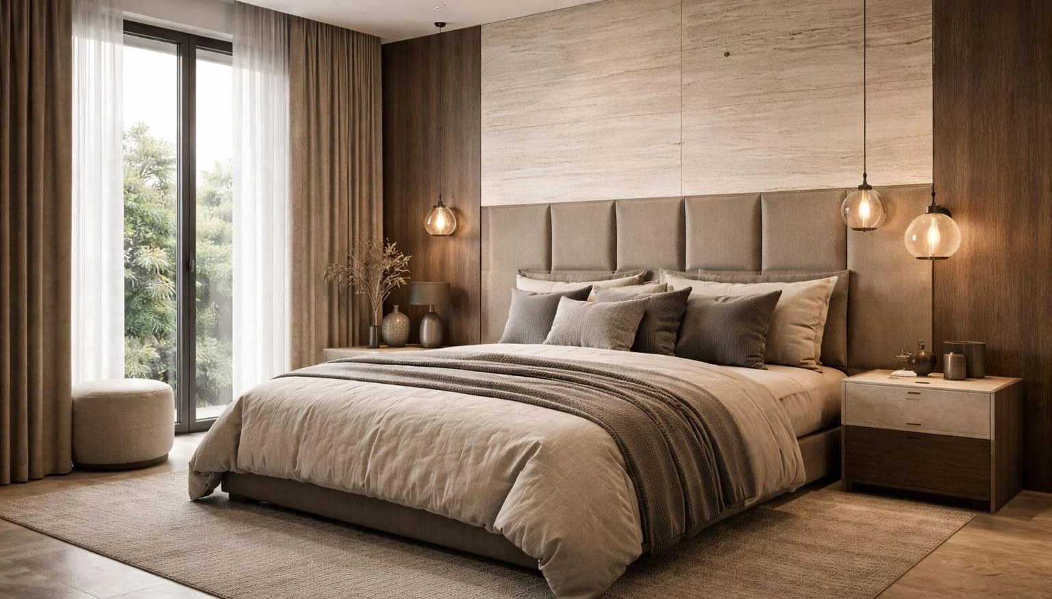Bedroom visualisation with an upholstered headboard, timber panels and pendant lights.