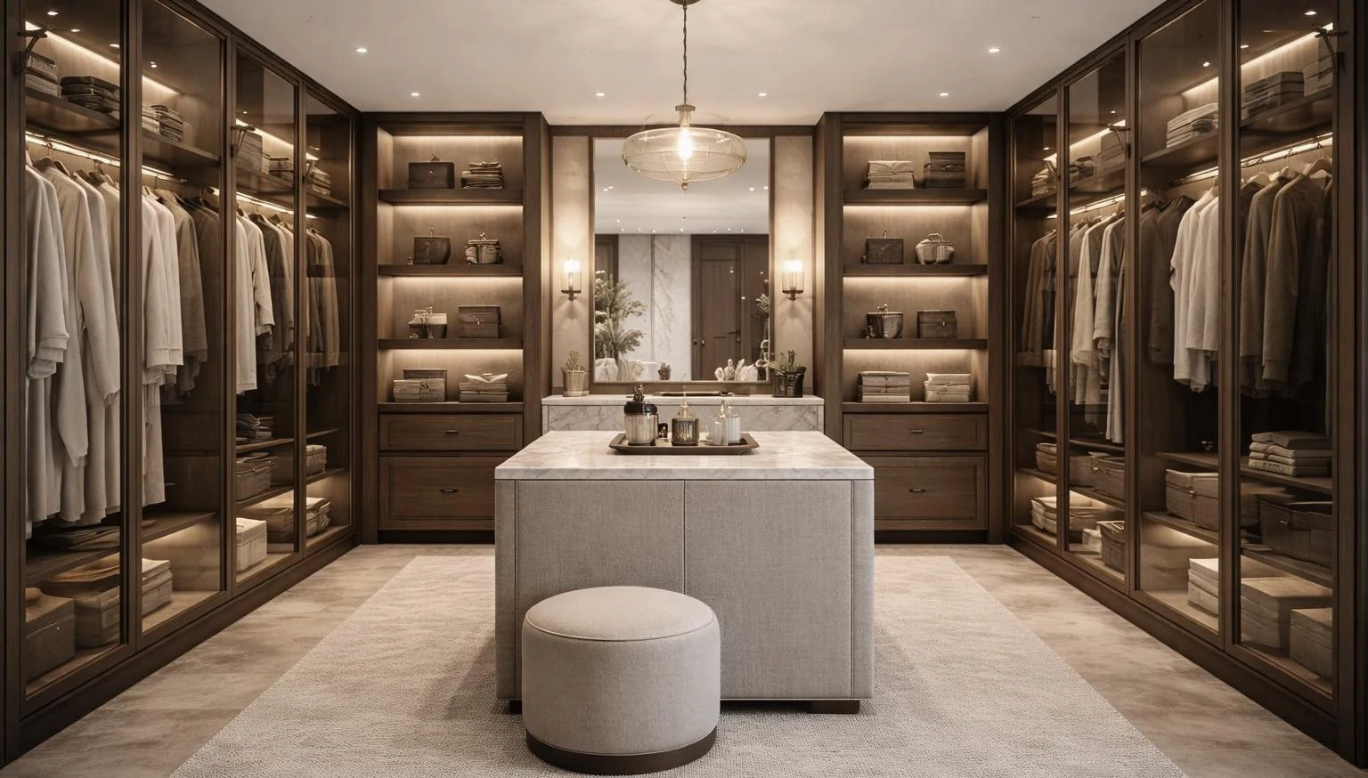 Dressing-room visualisation with illuminated wardrobes and a central island.