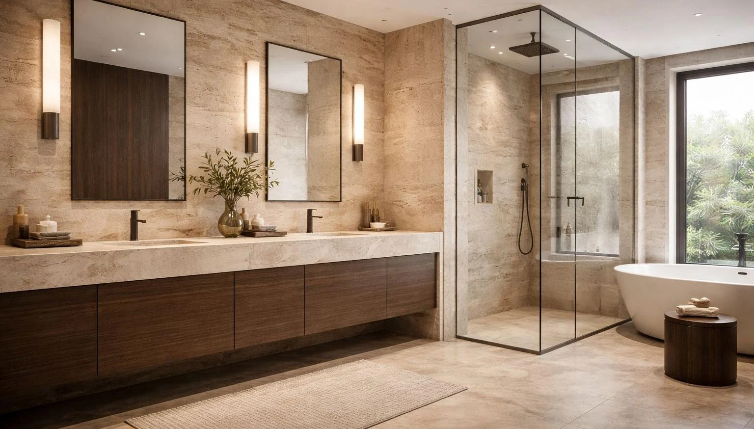 Bathroom visualisation with a stone vanity, glazed shower and freestanding bath.