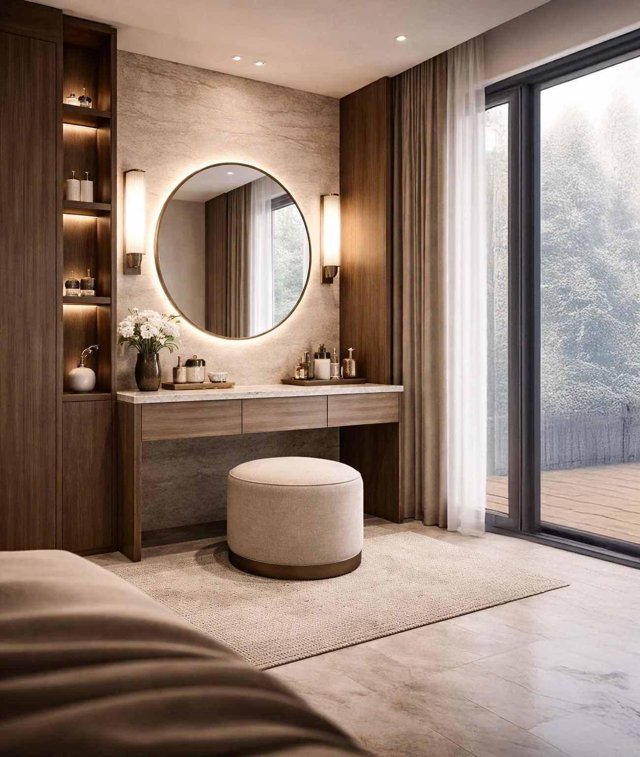 Detail of the dressing room with timber cabinetry, a stool and daylight.