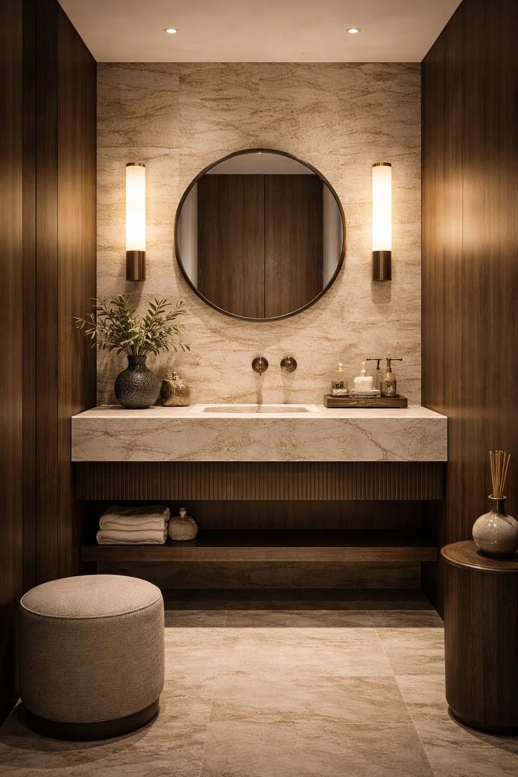 Powder-room visualisation with a round mirror, stone basin and timber cabinet.