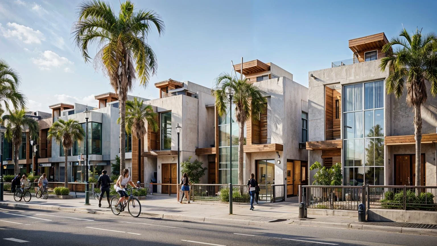 Villa frontage visualisation with palm trees and a pedestrian route.